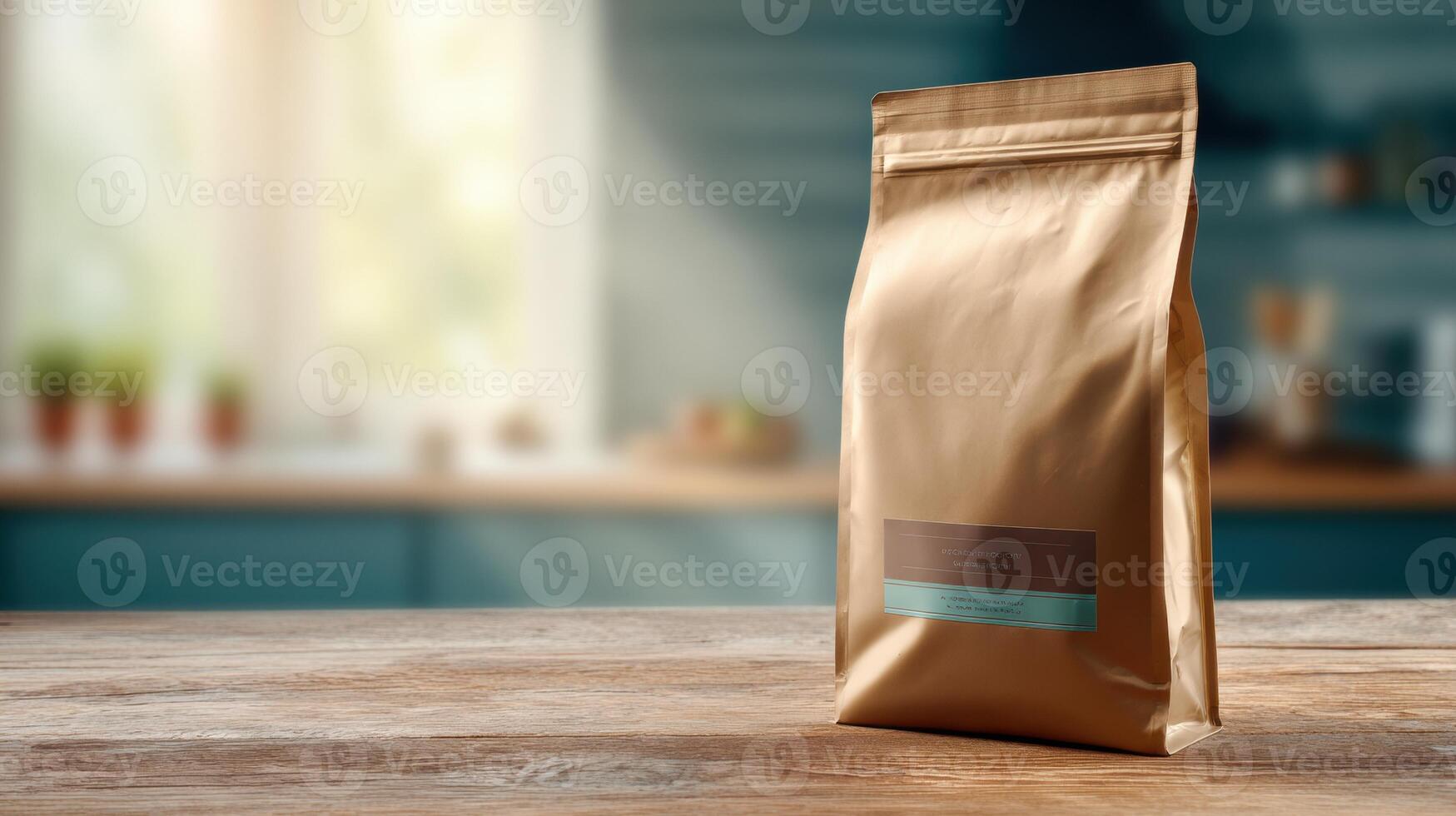Premium Cat Food Bag Displayed on a Wooden Counter in a Sunlit Kitchen Setting photo