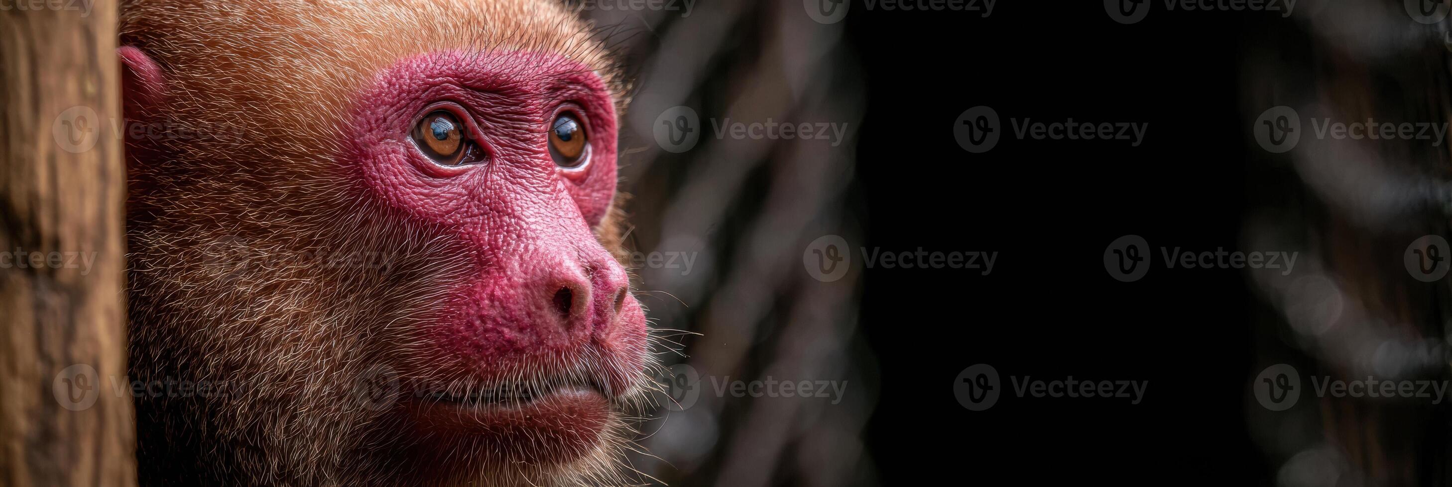 Bold Red Uakari Monkey With Bare Head Resting in Lush Jungle Environment photo