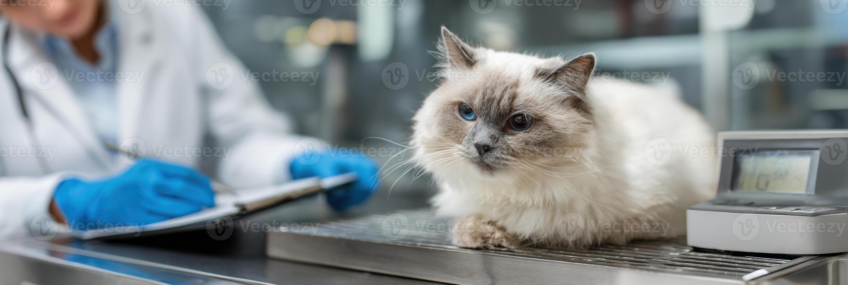 Cat Being Weighed at Veterinary Clinic With Vet Recording Data in Spacious Area During Routine Health Check-Up photo