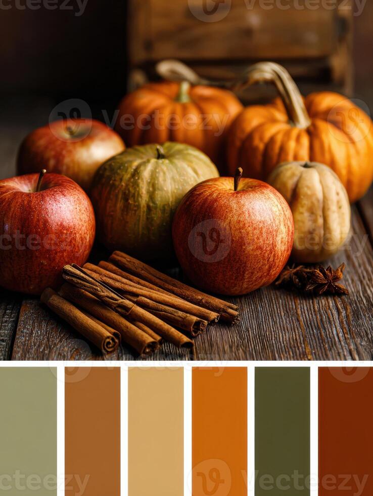 Warm Autumn Display Featuring Vibrant Apples, Pumpkins, and Fragrant Cinnamon Sticks on a Rustic Wooden Surface photo