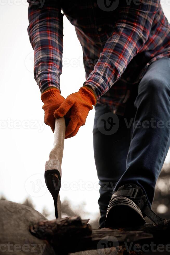 Lumberjack In Plaid Shirt Chopping Firewood With Axe In Forest During Daytime, No face. photo