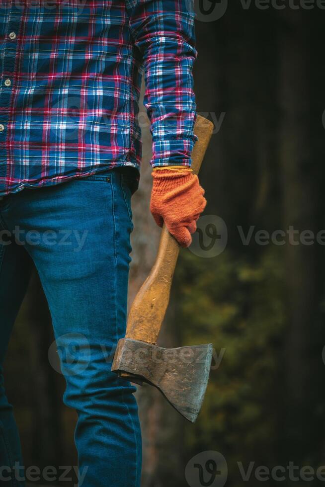Cropped view of man Lumberjack in plaid shirt and jeans holds axe, ready for work in forest. photo