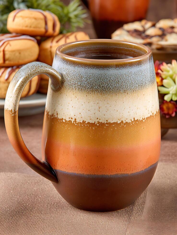 A Close Up of a Multicolored Ceramic Mug Filled with Coffee, Surrounded by Sweet Treats. photo