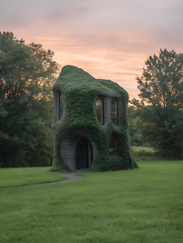 Modern organic architecture house covered in green ivy at sunset. photo