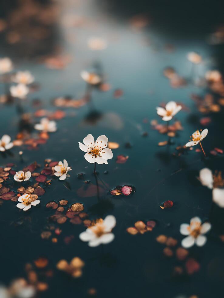 Delicate White Flowers Floating on Dark Water. A serene close up of blossoms on a still pond. photo
