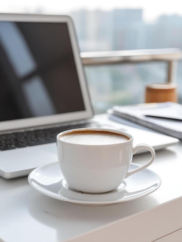 Morning Coffee Break A Cup of Coffee on a Desk with Laptop in the Background. photo