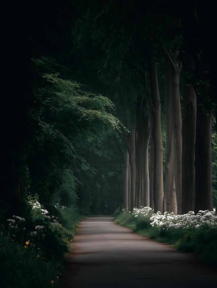 Serene Pathway Through a Dark Green Forest, Illuminated by Soft Light. photo
