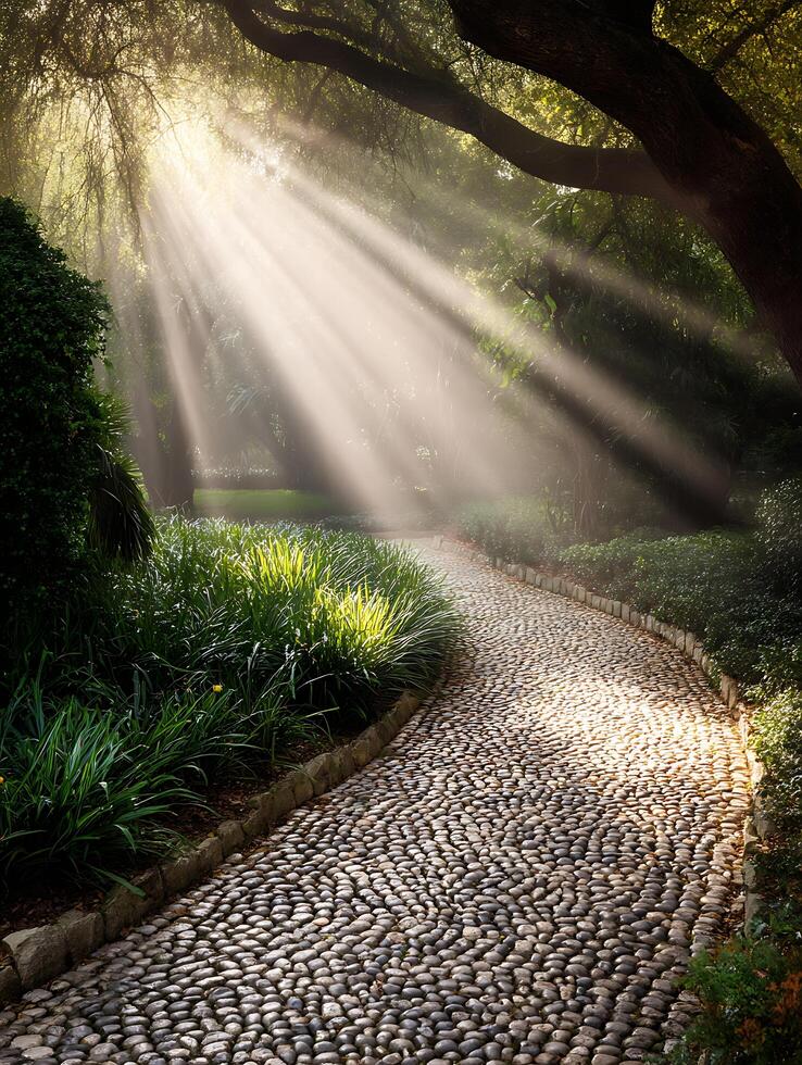 Sunbeams Illuminating a Stone Path Through a Lush Garden. photo