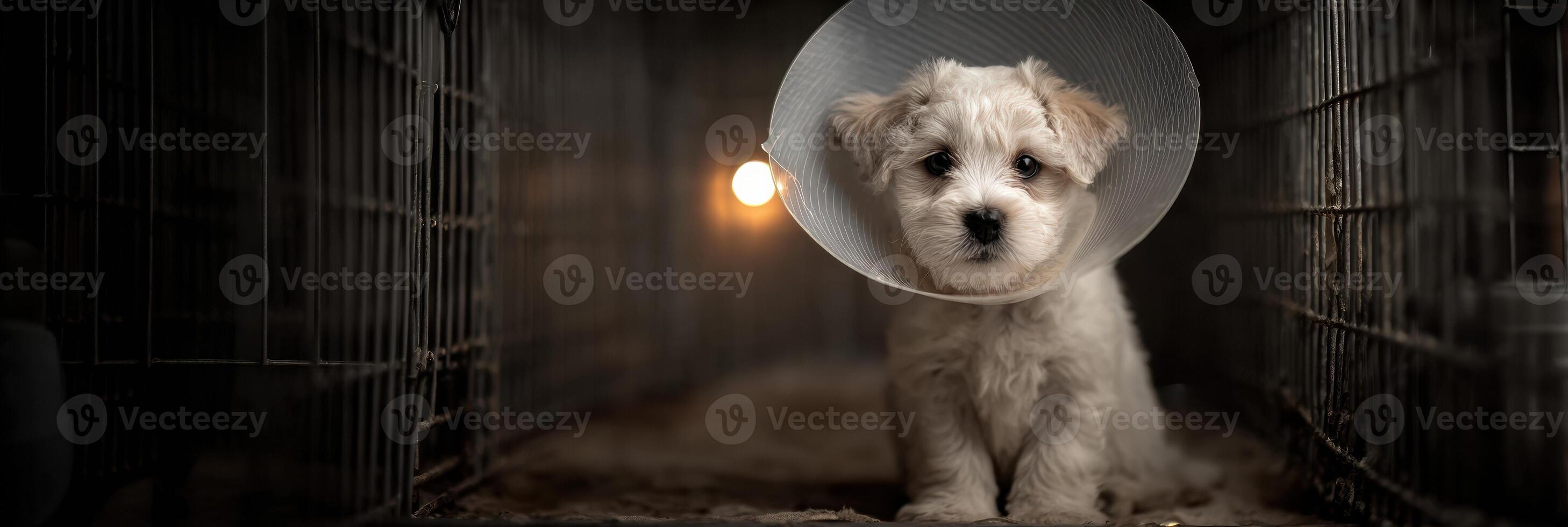 Puppy in Medical Cone Relaxing in a Cozy Vet Cage With Soft Top Lighting photo