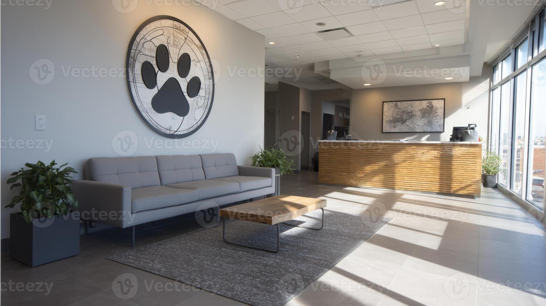 Veterinary Clinic Interior Showcasing Modern Decor, Welcoming Atmosphere, and Prominent Logo Featuring a Paw Print photo
