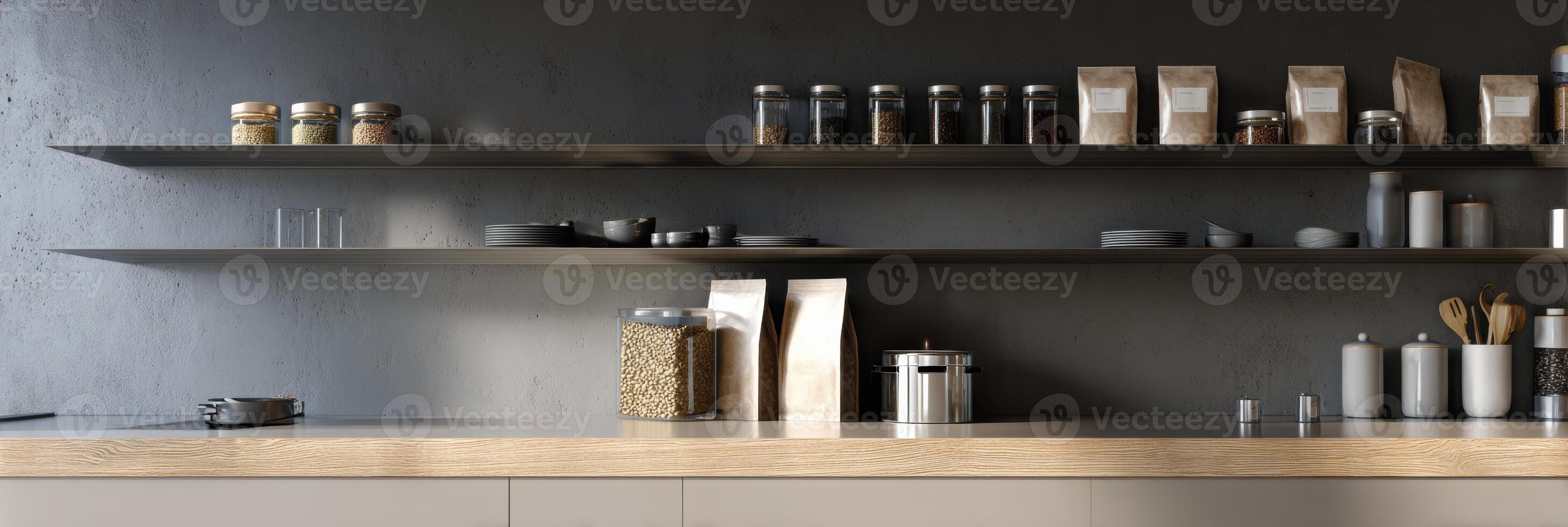 Modern Kitchen Showcasing a Well-Organized Shelf Filled With Assorted Cat Food and Kitchen Essentials in a Minimalist Design photo