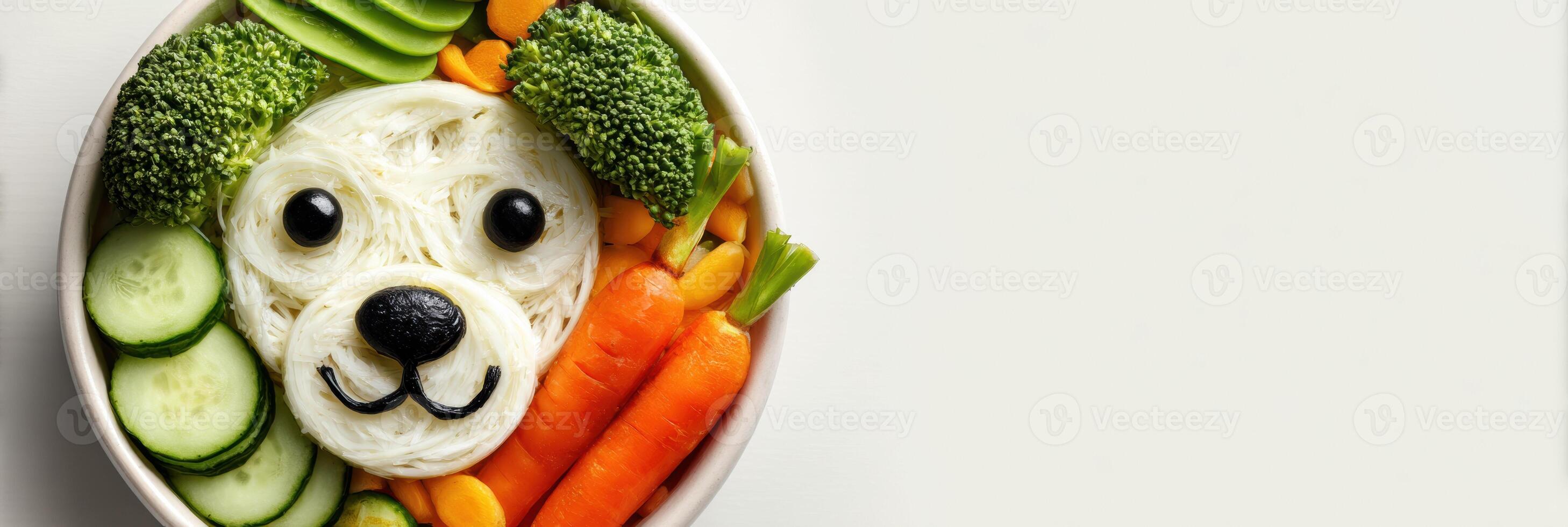 Creative Vegetable Arrangement Forms Playful Dog Face in Bowl, Brightening Meal Time photo
