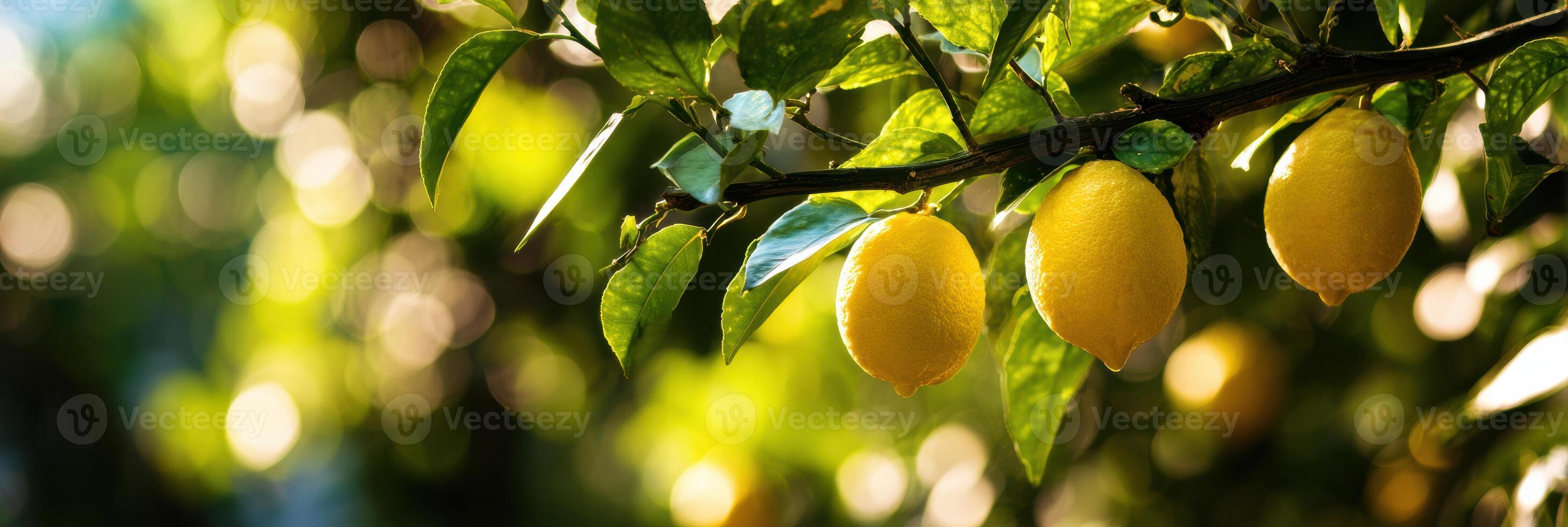 Lemon Tree Branch Displaying Ripe Lemons Against a Backlit Bokeh Background in a Lush Garden Setting photo