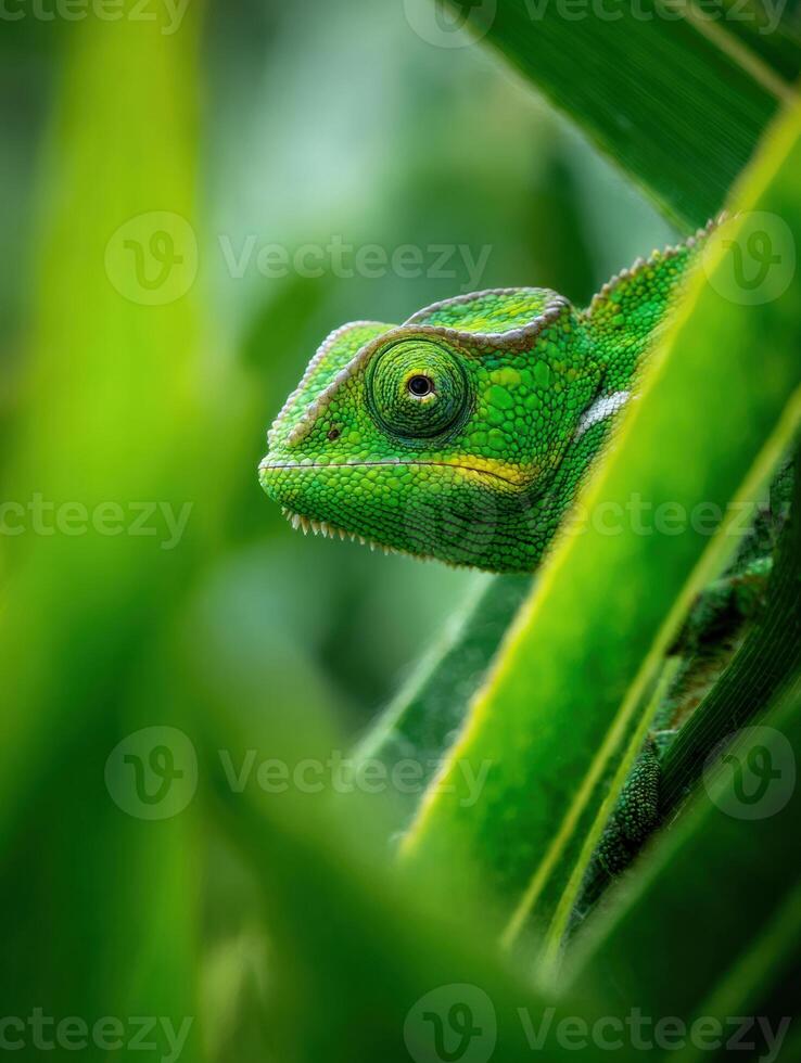 Chameleon Blending Into a Vibrant Green Leaf in a Lush Environment With Soft Bokeh Effect photo