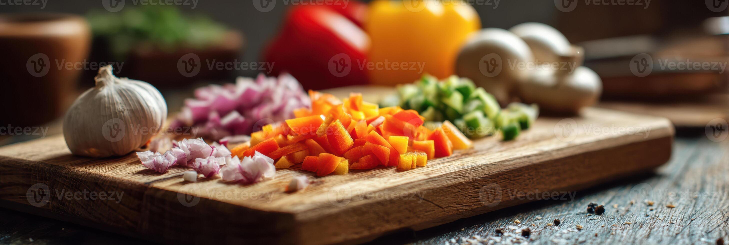 Chopped Vegetables on a Wooden Cutting Board With a Blurred Background in a Cozy Kitchen Setting photo