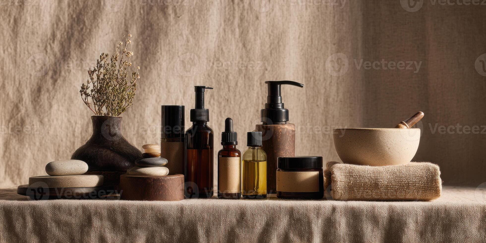 Display of Natural Skincare Products Arranged on Soft Linen With Decorative Stones and Dried Flowers for an Aesthetic Home Setting photo