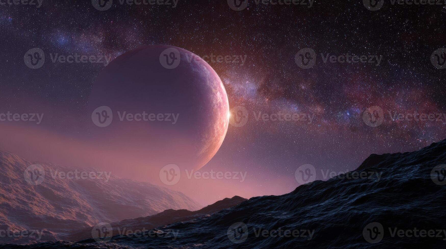 Giant Berry as a Planet in a Cosmic Setting With an Untouched Top Space and Vibrant Starry Background, Showcasing Otherworldly Beauty and Vastness photo