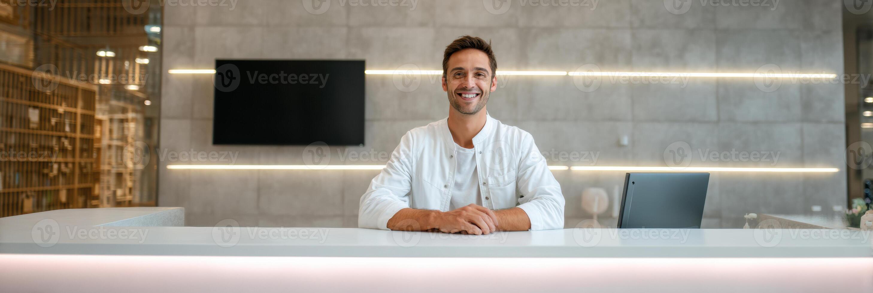 Smiling Veterinarian at Reception Desk in Modern Clinic With Digital Screen in Background and Bright, Welcoming Atmosphere photo