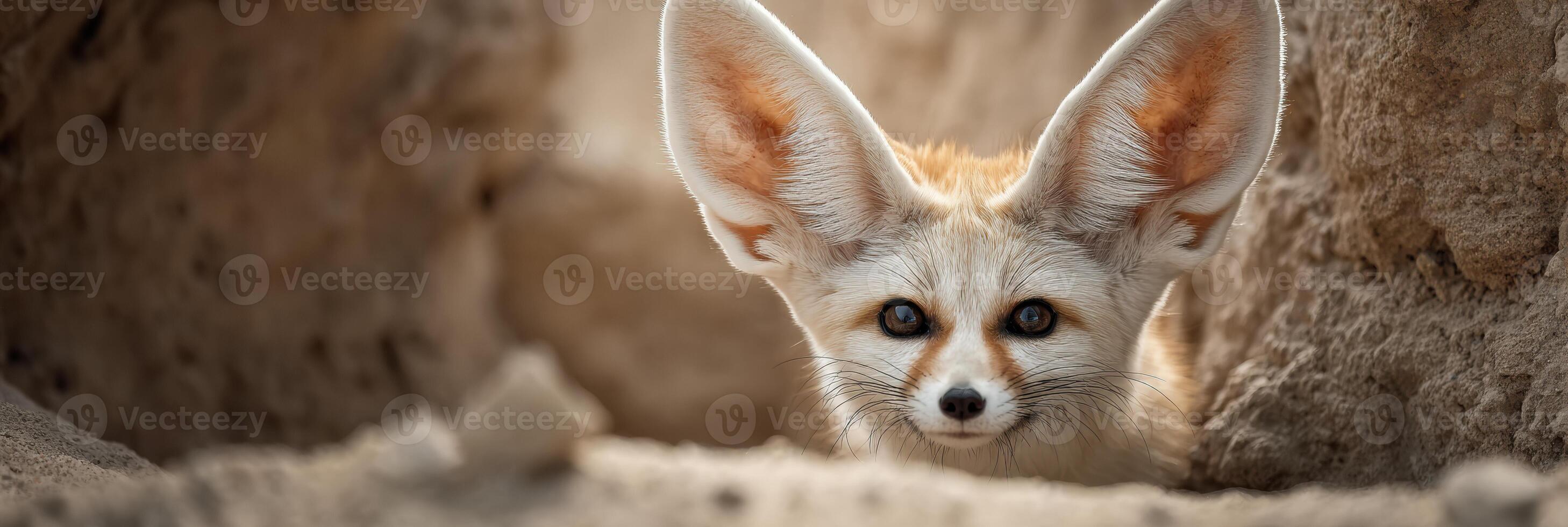 Fennec Fox Exploring Sandy Habitat With Ears Perked up in Desert Surroundings During Daylight photo