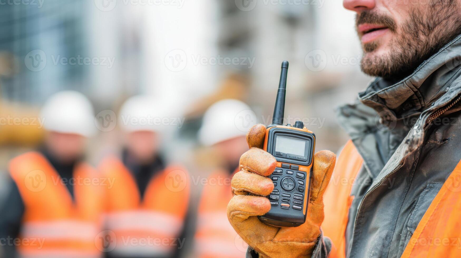 Teamwork in Action With a Man Using a Walkie-Talkie in a Construction Environment During Collaborative Project Planning photo