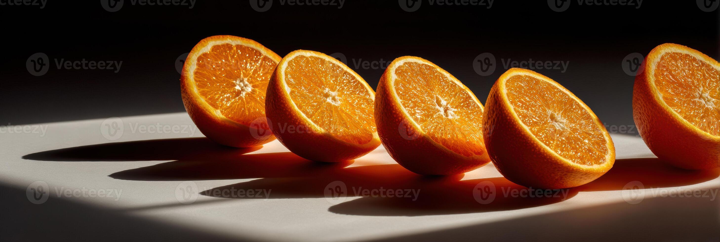 Sliced Oranges Arranged With Studio Lighting Creating Dramatic Shadows on a Clean Surface photo