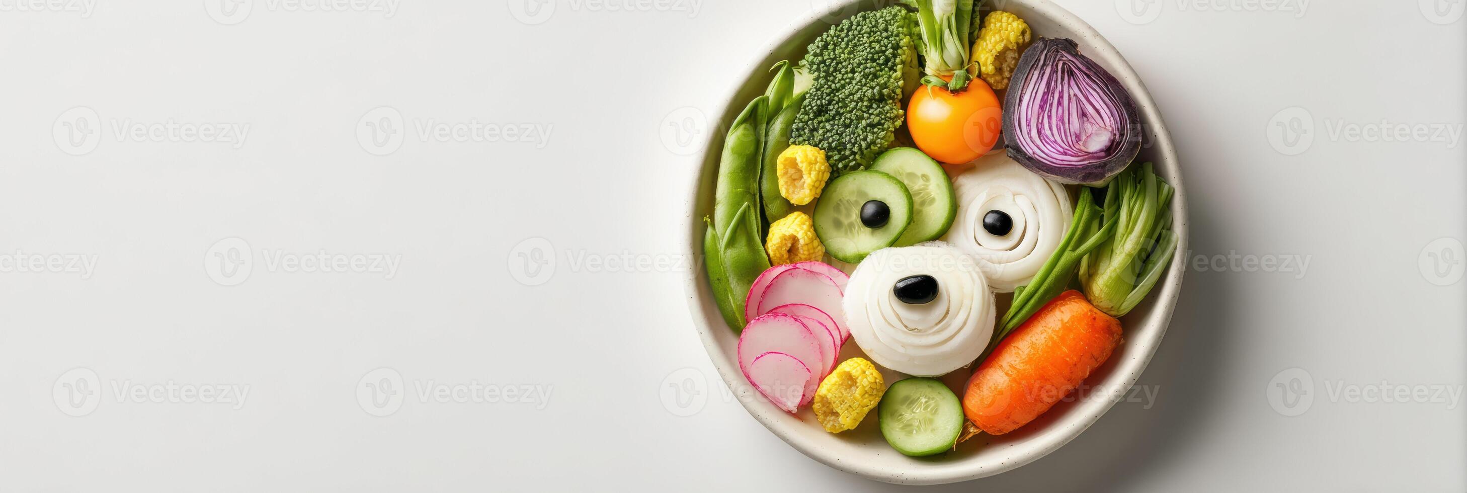 Creative Vegetable Arrangement Forming a Playful Dog Face in a Bowl of Fresh Produce photo