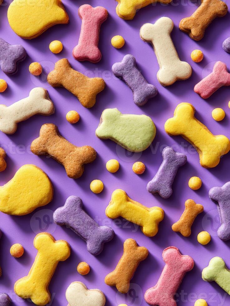 Bright and Playful Dog Treats Arranged on a Dotted Background Create a Fun Visual for Pet Lovers and Treat Enthusiasts photo