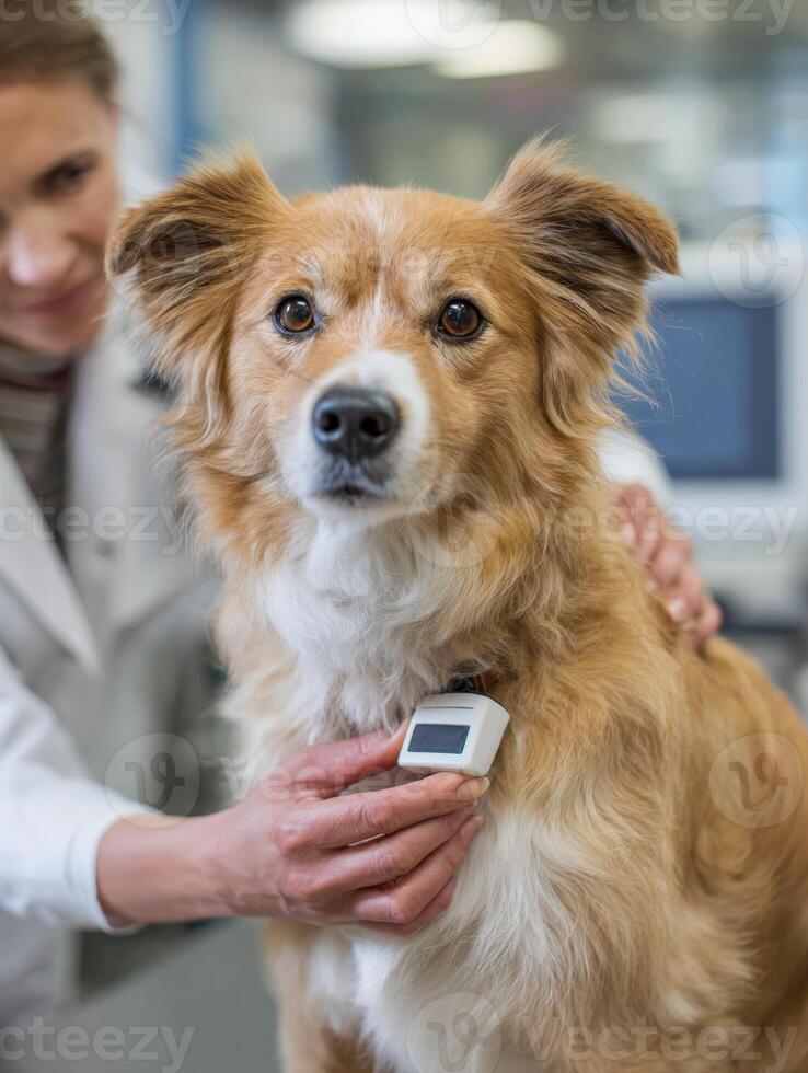 Veterinarian Places Microchip in Dogs Neck During Routine Check-Up at Clinic With Blurred Tech Tools in Background photo