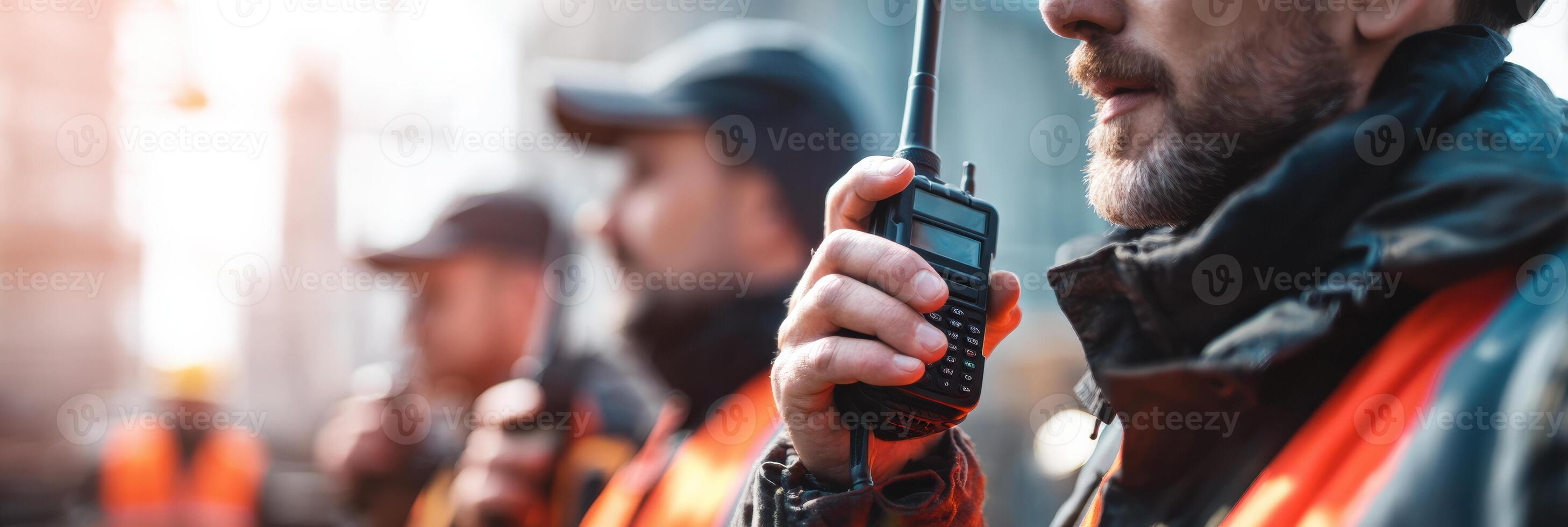 Man Communicates With Team Using Walkie-Talkie During Collaborative Work in an Industrial Setting With Blurred Background photo