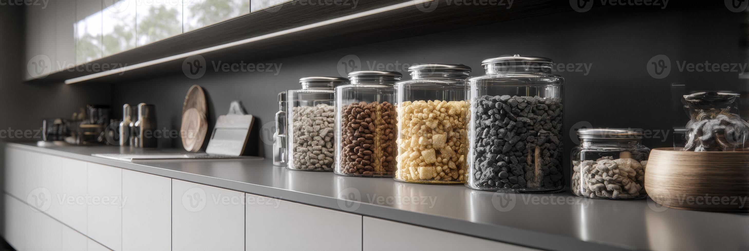 Modern Kitchen Shelf Displaying Various Cat Food Options in Stylish Glass Jars on a Sleek Countertop photo