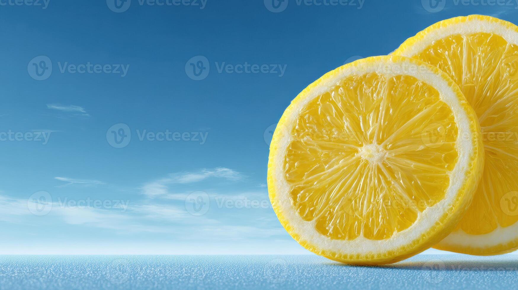 Bright Lemon Slices Positioned on a Clean Surface Against a Serene Blue Sky, Creating a Refreshing Visual Experience photo