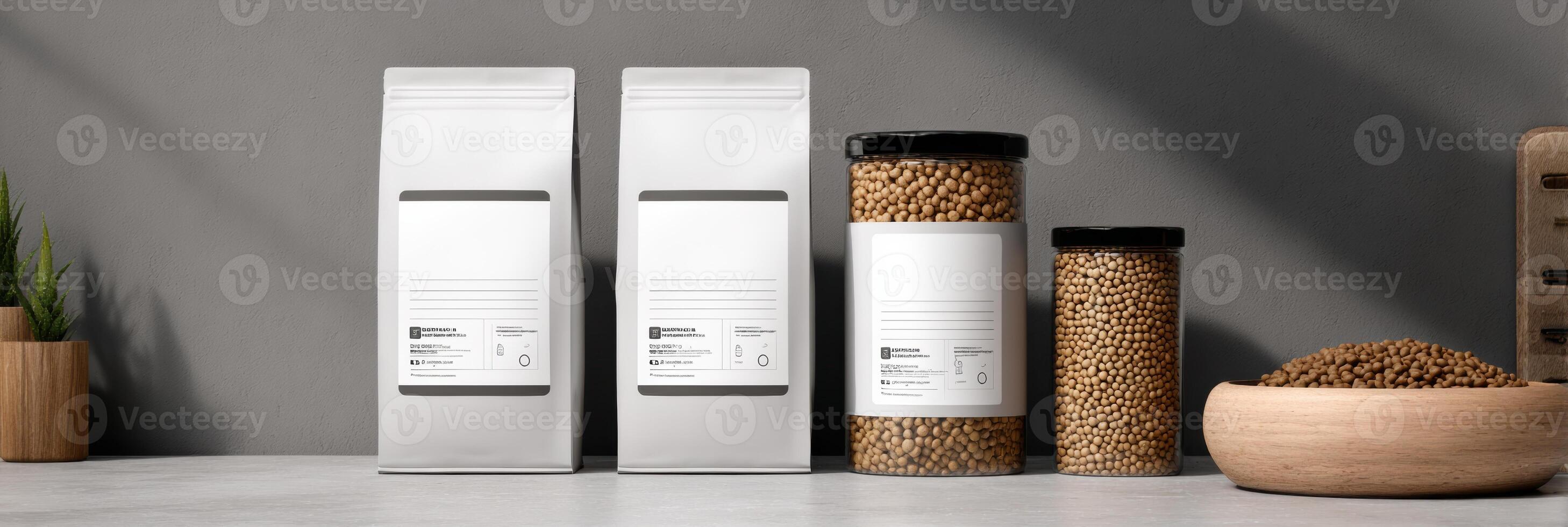 Clean Composition of Pet Nutrition Labels on Various Packaging With an Empty Branding Area for Design Possibilities photo