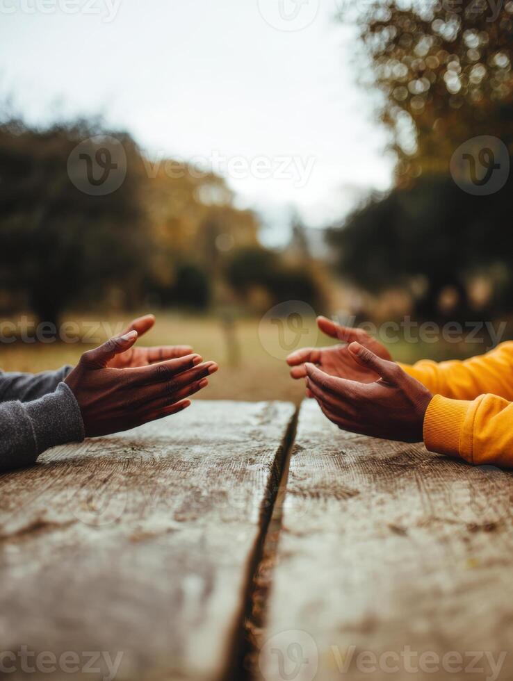 Friends Sharing a Joyful Hand Gesture While Sitting at a Rustic Wooden Table in a Peaceful Outdoor Setting During a Sunny Day photo