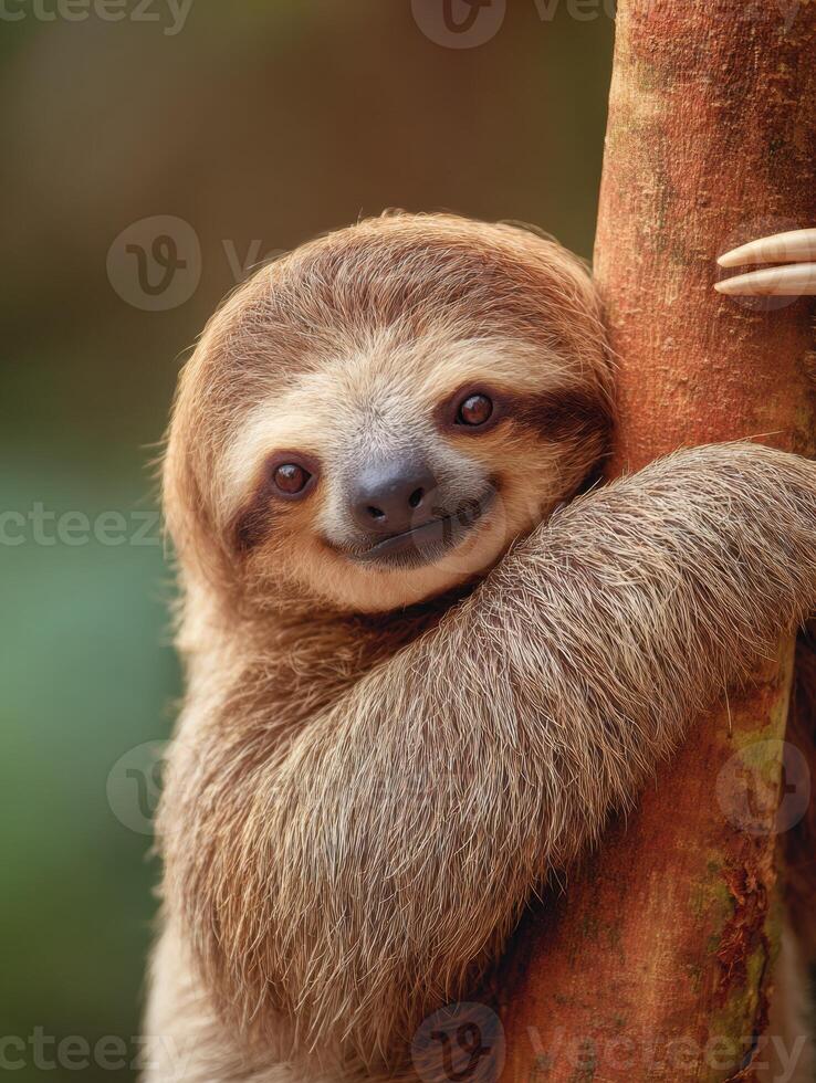 Sloth Embraces Tree Branch in Tranquil Rainforest, Showcasing Warm Tones and Serene Environment photo