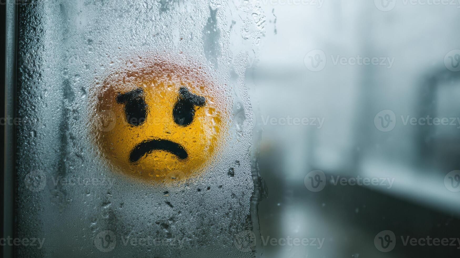 Moody Steamed Glass Window With a Sick Emoji Face, Expressing Emotions in a Rainy Environment photo
