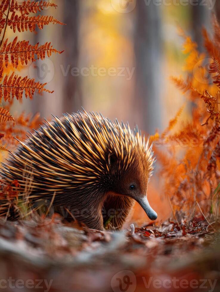 Spiny Echidna Foraging in Warm Autumn Woodland Surrounded by Colorful Leaves photo
