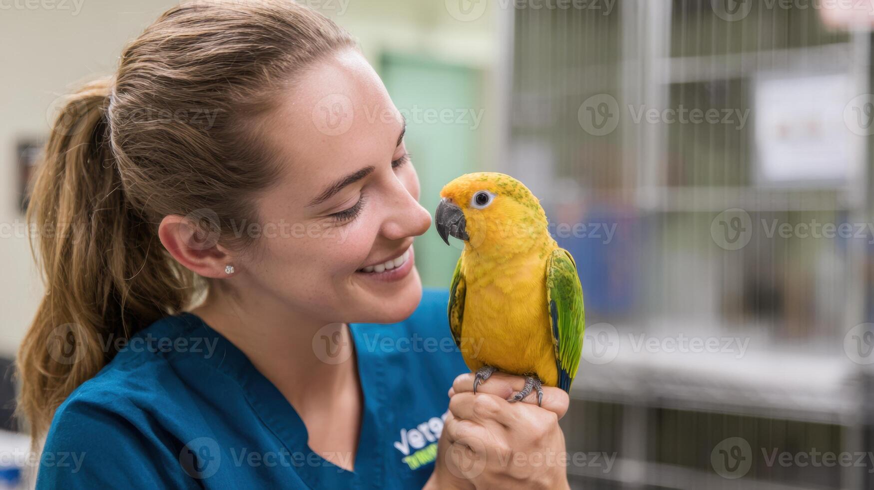 Vet Assistant Enjoys Playful Moment With Parrot in a Bright Animal Clinic Corner During a Cheerful Workday photo