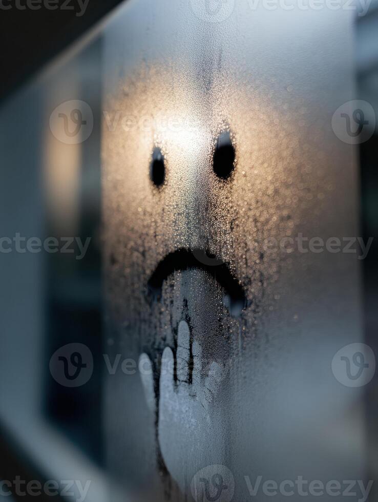 Foggy Mirror With Finger-Drawn Sad Face Depicting Feelings of Illness and Loneliness at Home During an Emotional Moment photo