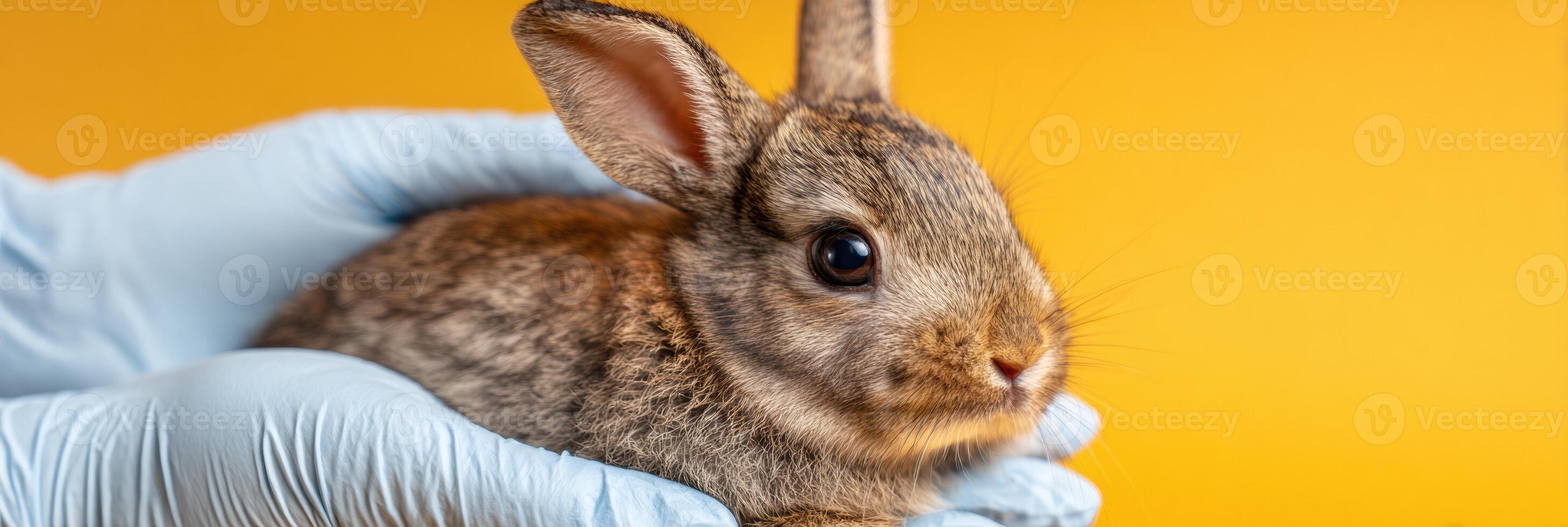 Vet Examines a Rabbit With Soft Gloves in a Warm Environment With an Empty Right Space photo