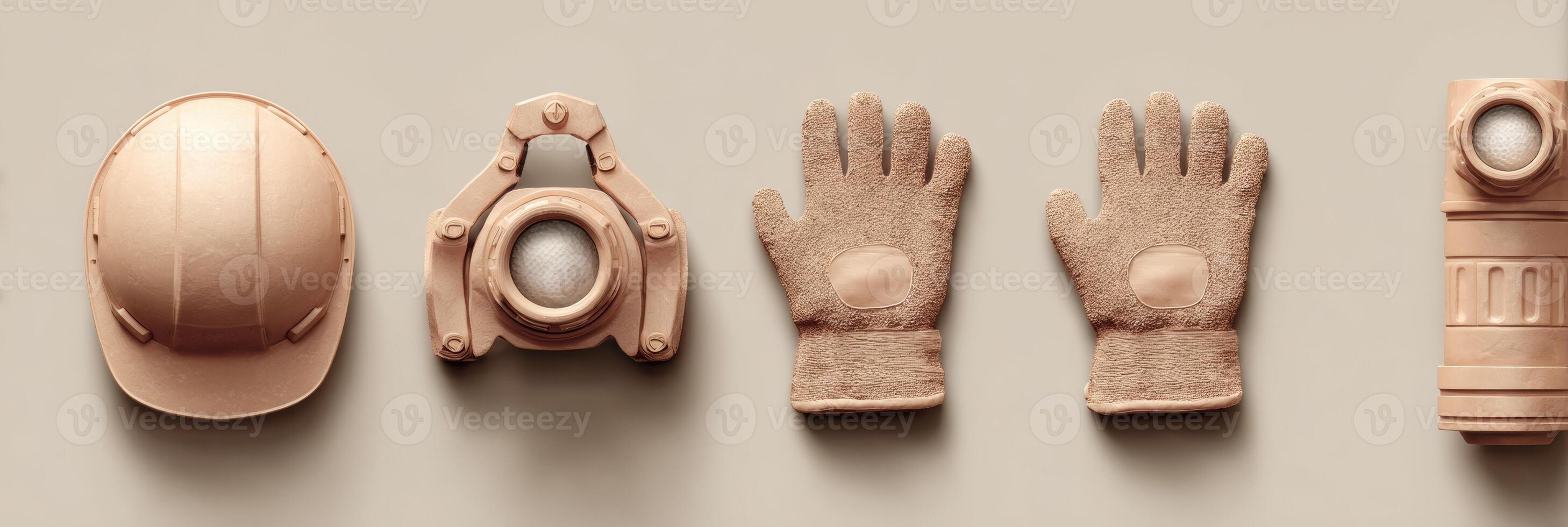 Safety Equipment Icon Set Featuring Clay Style Helmet, Gloves, and Flashlight for Various Work Environments photo