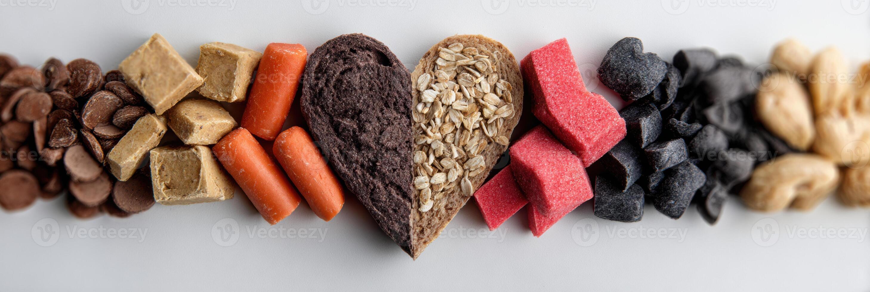 Healthy Pet Snacks Arranged in Heart Shape With Vibrant Ingredients on a Soft Background for a Special Treat photo