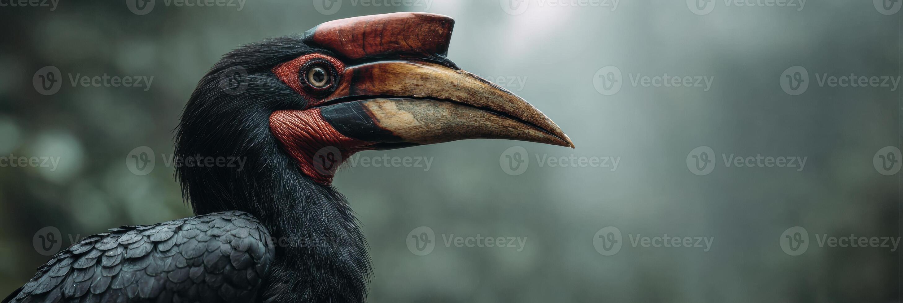 Helmeted Hornbill Captures Attention in Misty Rainforest With Striking Profile Amidst Lush Greenery photo