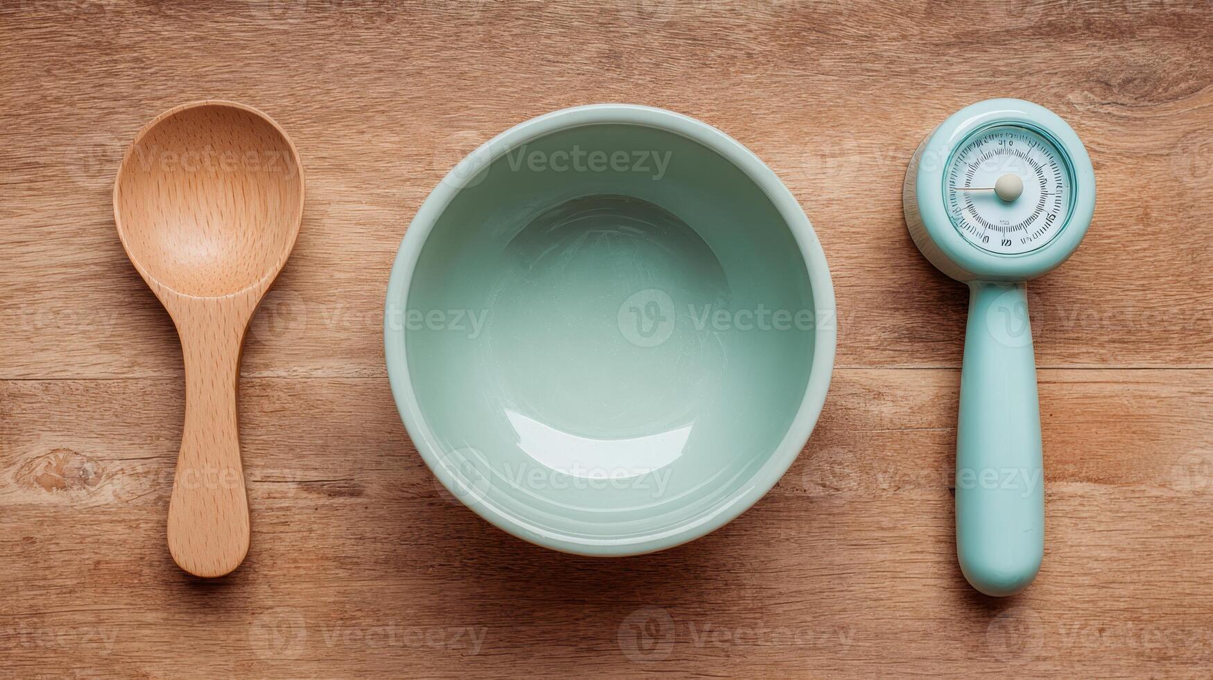 Feeding Tools Arranged on Clean Wooden Surface With Scoop, Timer, and Bowl Ready for Use in Meal Preparation photo