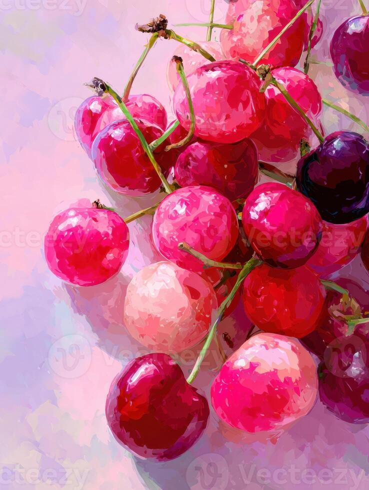 Candy-colored Digital Painting of Cherries Evokes a Playful Tone With Vibrant Hues and Textures in an Imaginative Composition photo