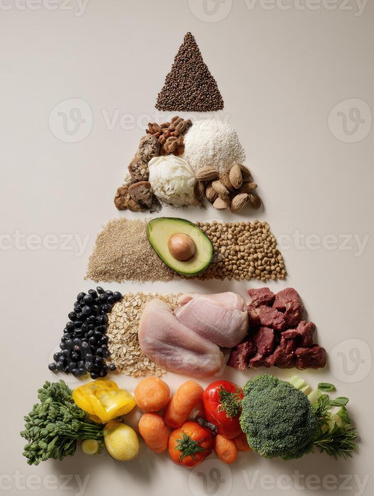 Healthy Food Pyramid for Pets Showcasing Natural Ingredients With Open Bottom-Left Structure for Nutritional Clarity photo