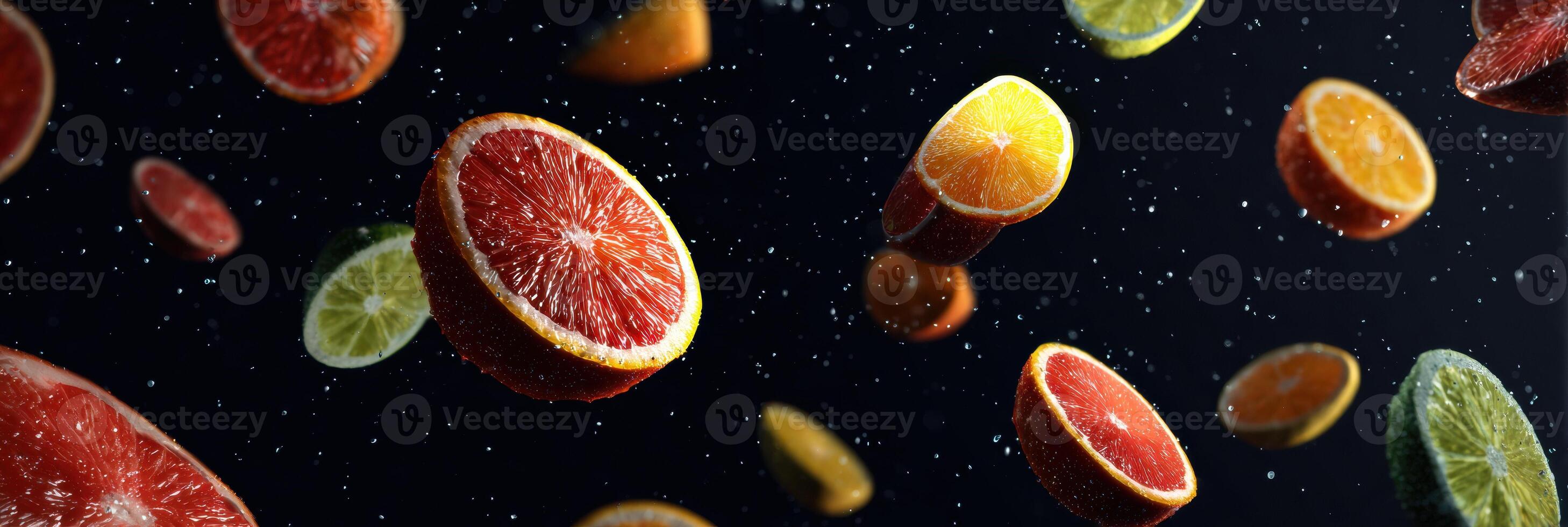 Floating Fruit Slices in Zero Gravity Create a Vibrant Display, Showcasing Various Citrus While the Upper Section Remains Empty for Emphasis photo