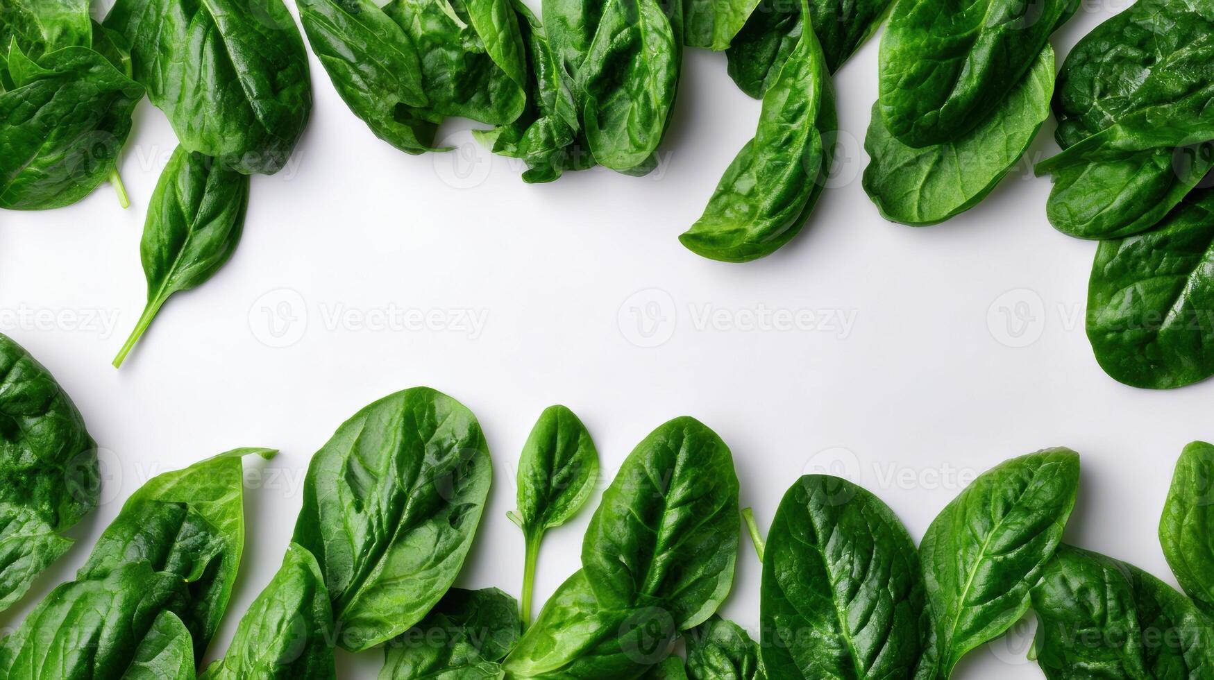 Fresh Spinach Leaves Scattered With Natural Elegance on a Pristine White Surface, Showcasing the Vibrant Green Colors and Textures photo