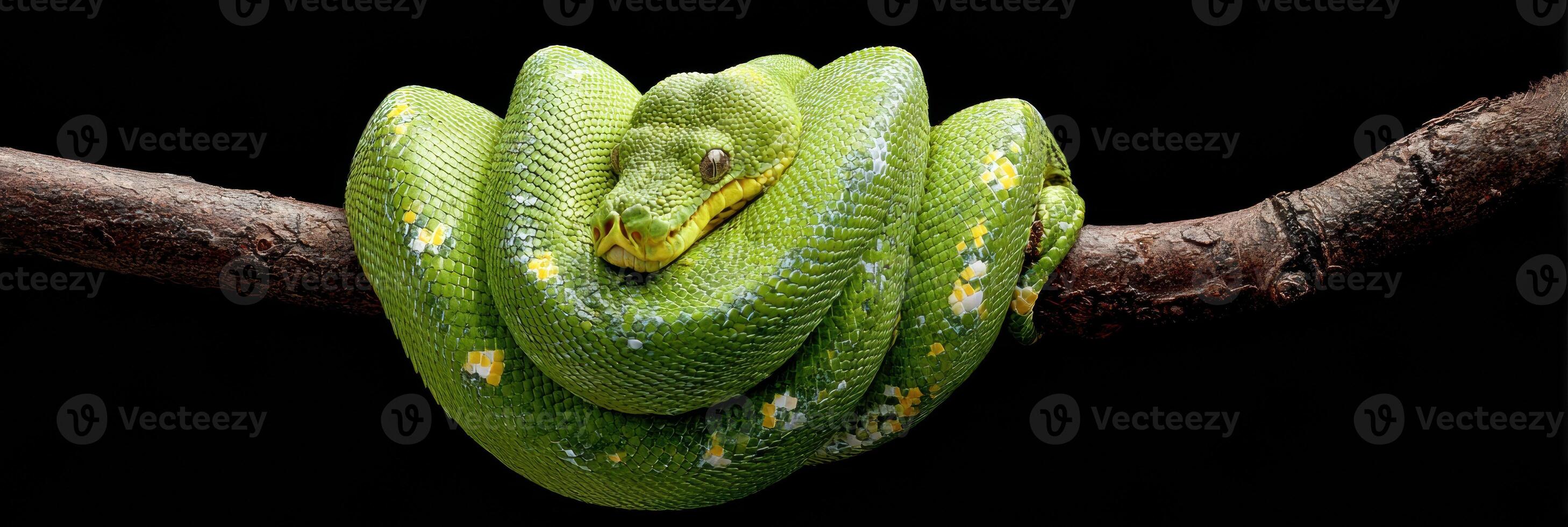 Bright Green Tree Python Coiled on Branch With Contrasting Black Background in a Serene Pose photo