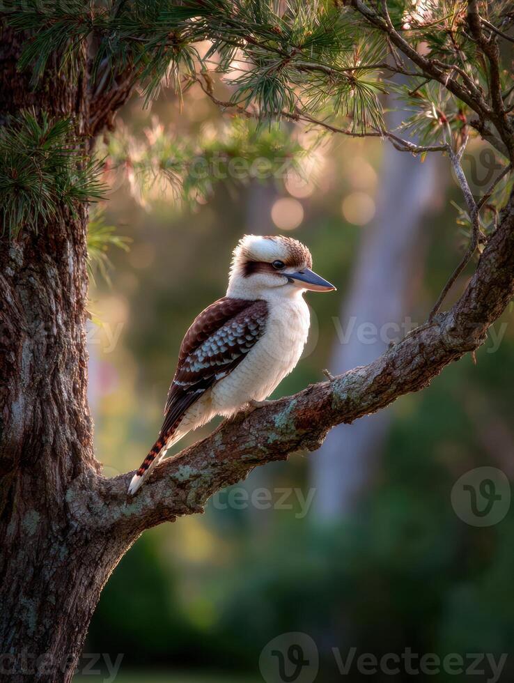 Kookaburra Perched on a Branch With Blurred Trees in the Background During Golden Hour Light photo