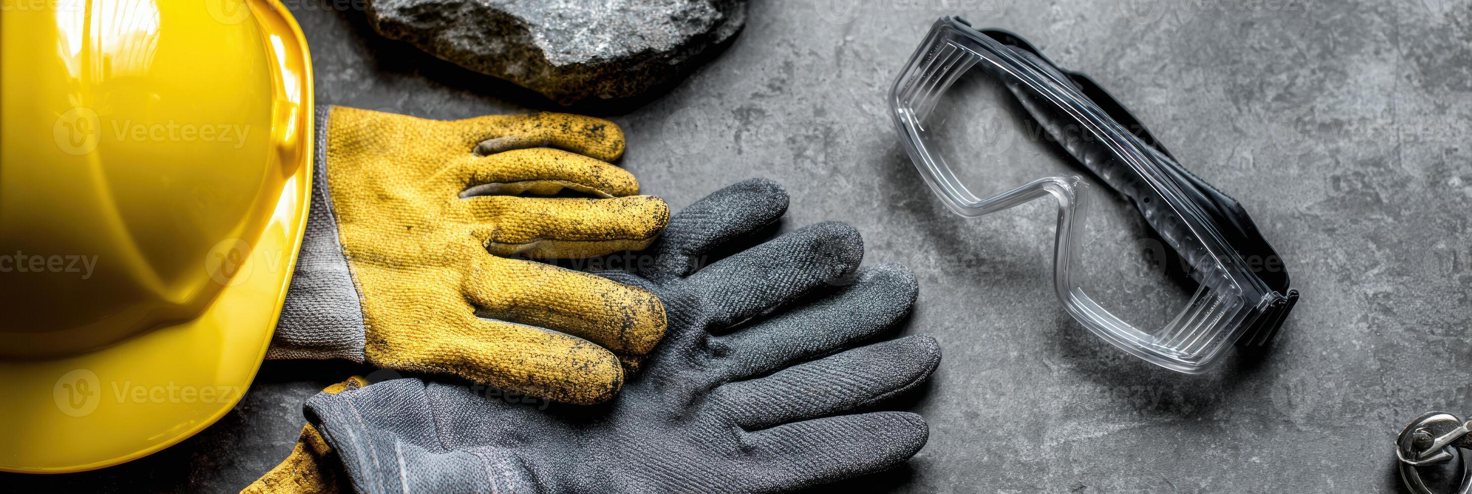 Safety Equipment Flat Lay Featuring Hard Hat, Gloves, and Goggles on Neutral Backdrop for Construction Activities photo